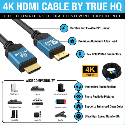 4K HDMI CABLE 15M HDMI LEAD BY TRUE HQ | DESIGNED IN THE UK | ULTRA HIGH SPEED 18GBPS HDMI 2.0 CORD WITH ETHERNET