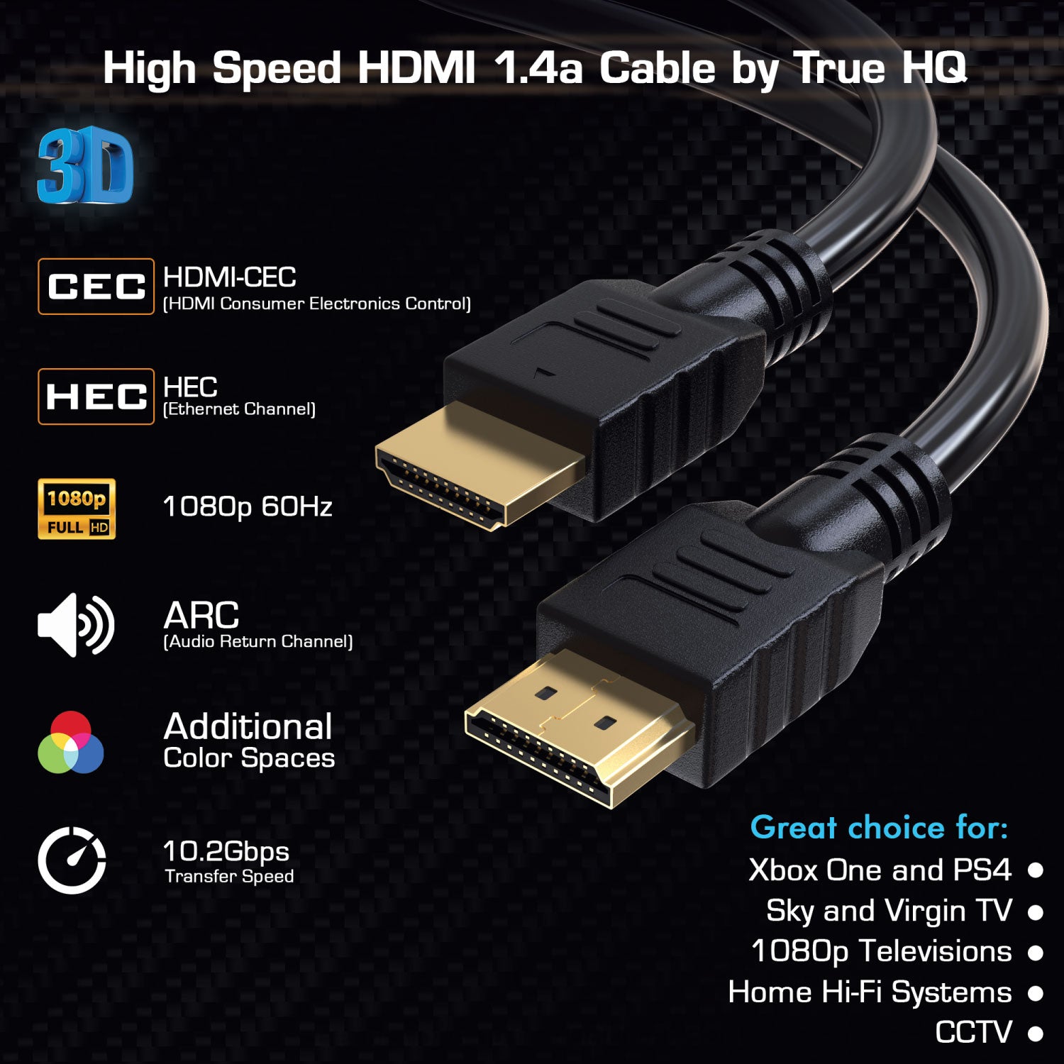 Câble HDMI 25M v1.4 par True HQ™ | Câble Long Haute Vitesse avec Ethernet  Arc 3D | Full HD 1080P PS4 Xbox One Sky HD TV Moniteur PC Portable CCTV 