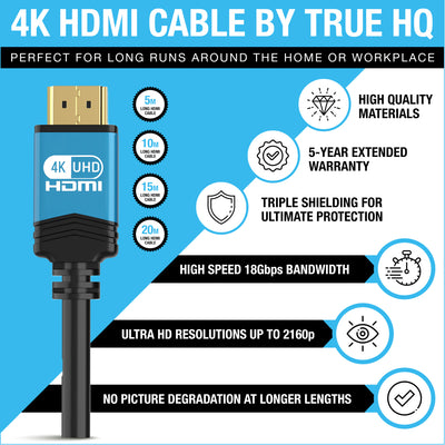 4K HDMI CABLE 5M HDMI LEAD BY TRUE HQ | DESIGNED IN THE UK | ULTRA HIGH SPEED 18GBPS HDMI 2.0 CORD WITH ETHERNET